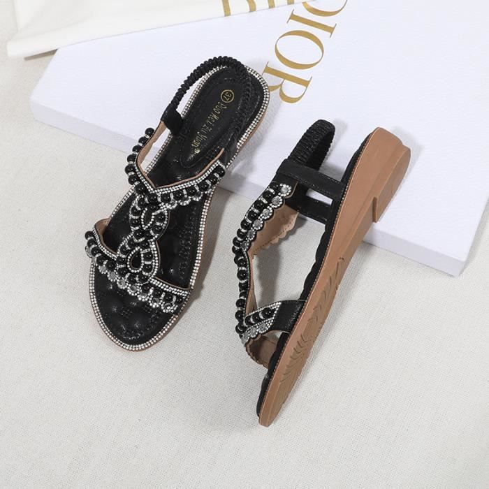 Rismart Sandales Compensées Femme Bohème Avec Perles Et Strass – Chaussures D’Été Élégantes Et Confortables