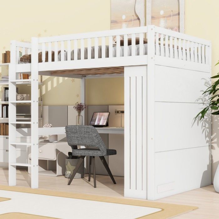 Lit mezzanine 90x200 cm en bois de pin - avec bureau, armoire et étagères - Blanc | Leroy Merlin Lit mezzanine 90x200 cm en bois de pin - avec bureau, armoire et étagères - Blanc | Leroy Merlin