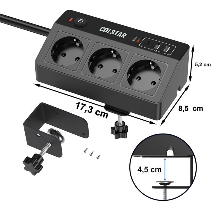 Multiprise De Bureau ESSENTIELB – 3 Prises + 2 Ports USB, Avec Interrupteur, Compacte