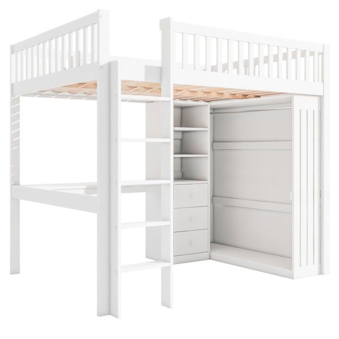 Lit mezzanine enfant 90×200 cm avec bureau, armoire et 3 tiroirs, pin Lit mezzanine enfant 90×200 cm avec bureau, armoire et 3 tiroirs, pin