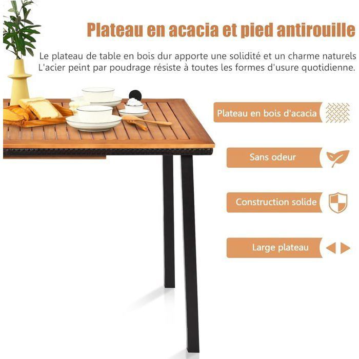 Costway Table De Jardin En Bois D'Acacia Pour 8 Personnes Table De Salle A Manger De 200 X 90 Cm Avec Trou Pour Parasol 5 Cm Nat