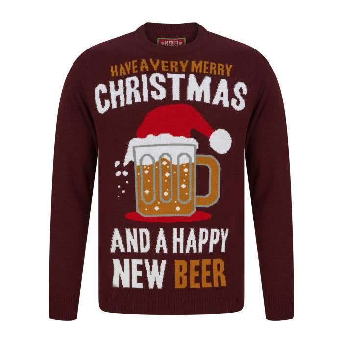 MERRY CHRISTMAS Pull de Noël - Homme - Rouge Bordeaux