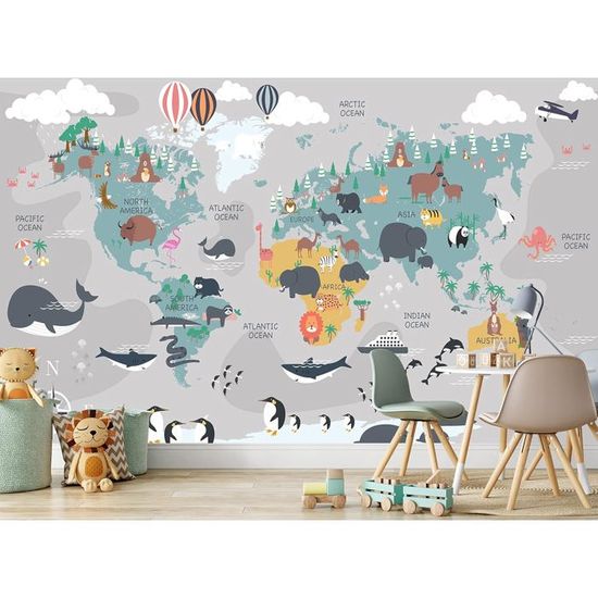 Papier peint carte du monde avec animaux Papier peint pour enfants ...