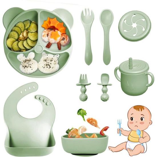Feelhap Coffret Repas Bébé 9 Pièces - Assiette Ventouse Silicone Antidérapante Avec Compartiments, Bol, Bavoir, Cuillère, Fourchette Et Tasse (Vert)