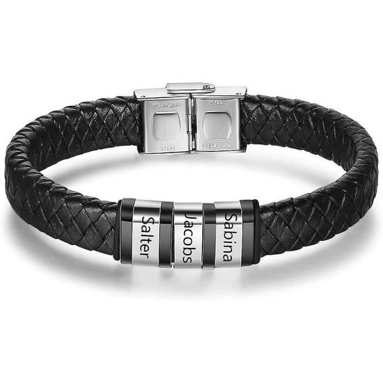 Bracelet Cuir Homme Personnalisé – 1 à 6 Prénoms Gravés Sur Perles, Cadeau Idéal Pour Papa, Mari, Meilleur Ami Ou Couple – Style Élégant Et Tendance