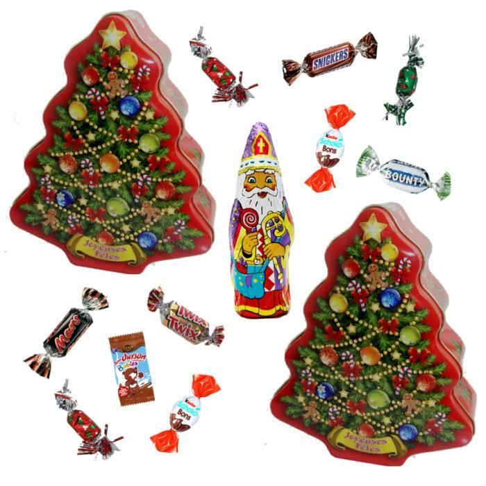 2 Boites sapin de Noël garnis de 35 chocolats Snickers, Bounty, Mars, Twix, Cémoi, Kinder - IDEE CADEAU NOEL