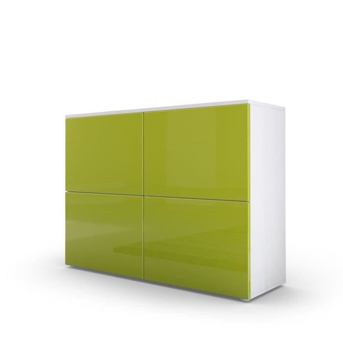 Commode design avec le corps mat blanc et façade laquée blanche et verte claire
