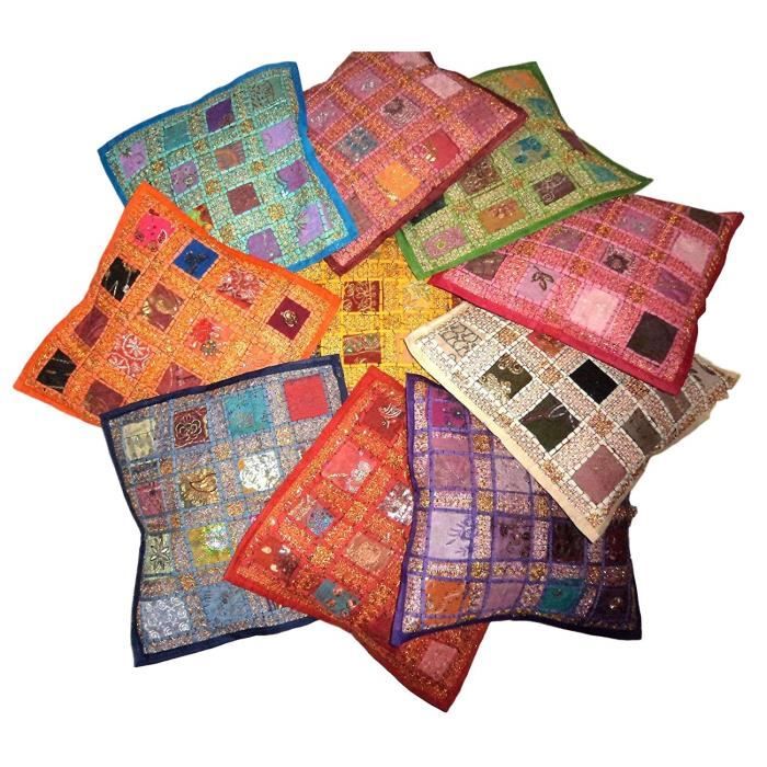 Pushpacrafts Lot de 10 housses de coussin carré Style indien vintage avec broderie et patchwork, 41 x 41 cm