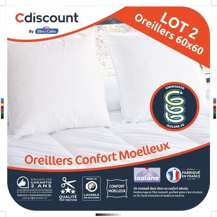 BLEU CALIN Lot de 2 oreillers Isolane - 60x60 cm - Blanc