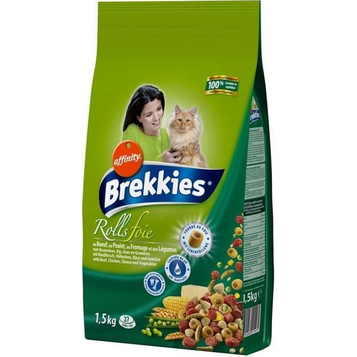 Brekkies Rolls Foie Chats Croquettes au Boeuf Poulet Fromage et Légumes 1,5Kg (lot de 3)