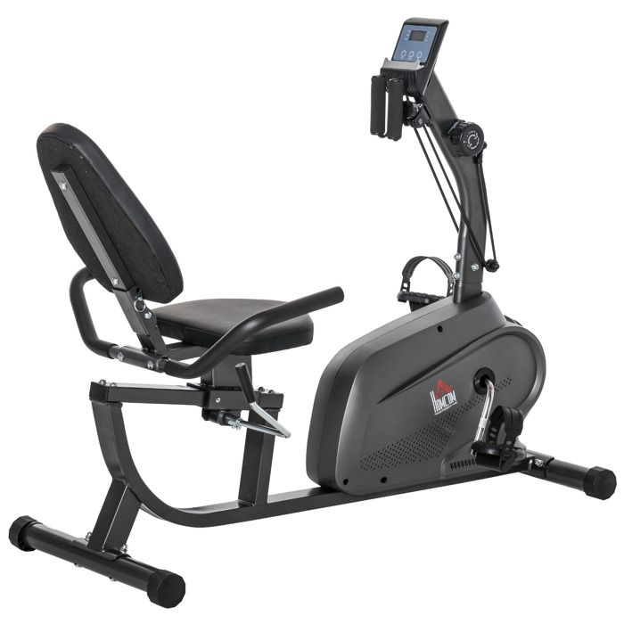 Vélo d'appartement semi-allongé magnétique écran LCD multifonction selle réglable 2 bandes résistance acier noir 125x63x100cm