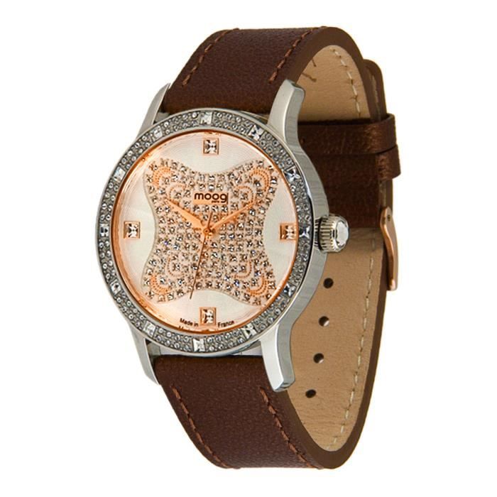 Montre Femme Moog Paris Gem Sparks avec Cadran Champagne, Eléments Swarovski, Bracelet Marron en Cuir Véritable - M45032-010