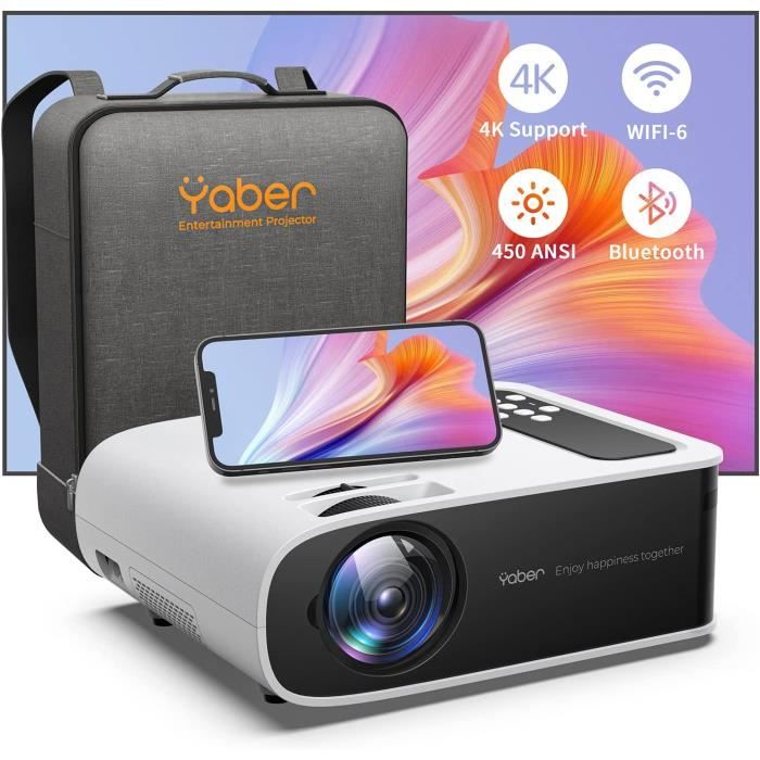 Vidéoprojecteur YABER Pro V8 WIFI6 Bluetooh,450 ANSI Lumens Soutiens 4K Full HD 1080P Projecteur,Correction trapézoîdale 4D/4P Zoom