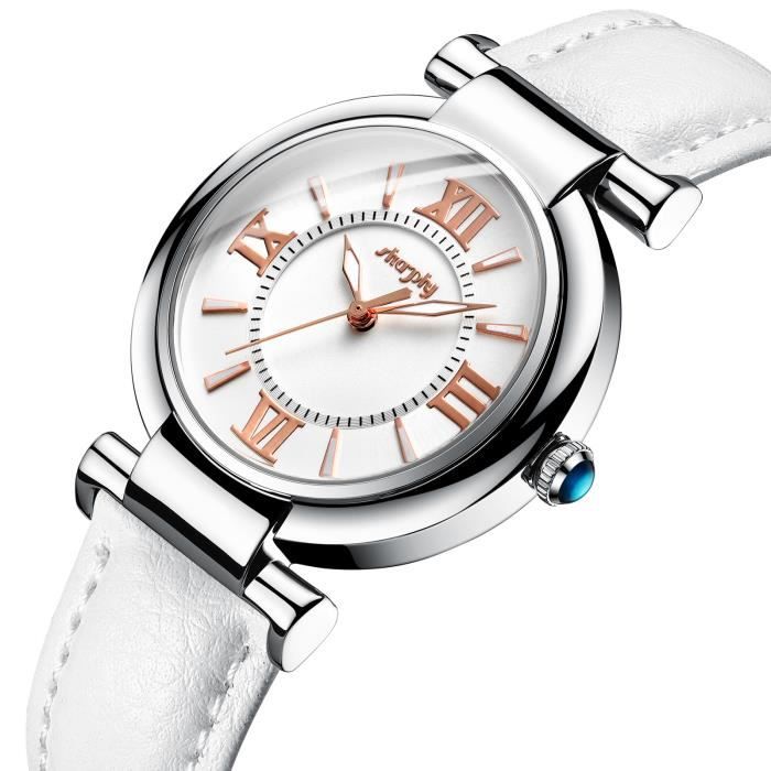 SHARPHY Montre Femme de Marque Bracelet en Cuir étanche chiffres romains Women Watch Blanc, Meilleure Qualité