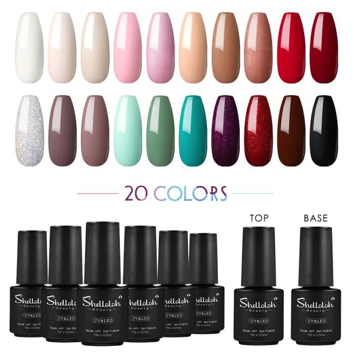 20pc Vernis Semi Permanent Gel à Ongle LED/UV Top Coat Base Coat Vernis à Ongle Soak Off Polish Manucure Gel Ongle Nail Kit Shellol