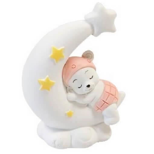 Figurine sujet ourson rose sur lune en résine (x1) REF/RES402CF 6cm x 5cm