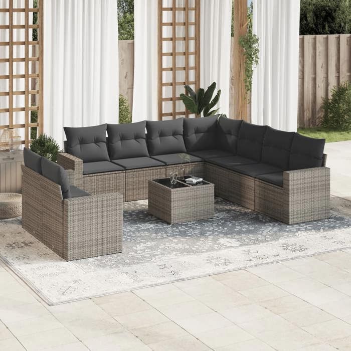 vidaXL Salon de jardin avec coussins 10 pcs gris résine tressée 3219150