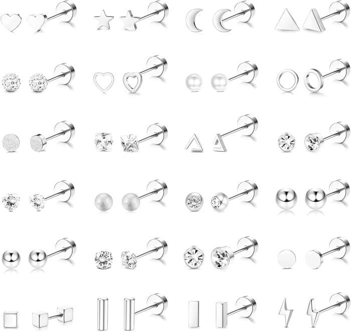 Lot De 12 Paires De Boucles D'oreilles à Tige - Acier Inox 316L Avec Oxyde De Zirconium - Pour Cartilage, Tragus, Helix