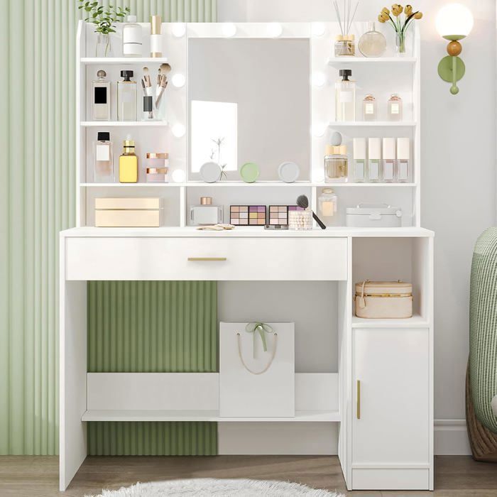 Coiffeuse avec Miroir Lumière LED à Luminosité Réglable avec Tiroirs et Rangements Étagères Ouvertes pour Chambre Blanc