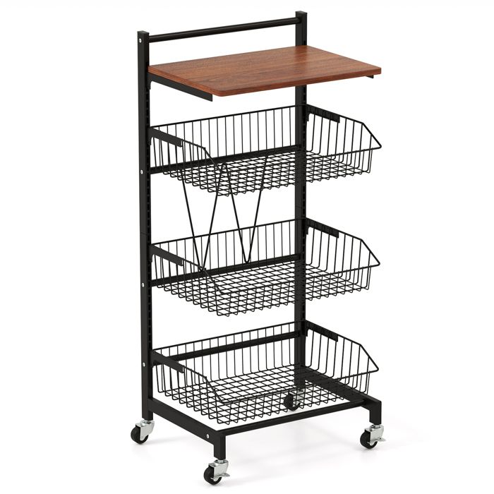 GOPLUS Desserte de Cuisine à Roulettes à 4 Niveaux 40x31x88CM-3 Paniers Amovibles-Hauteur Réglable-Plateau en MDF-Cadre Métallique