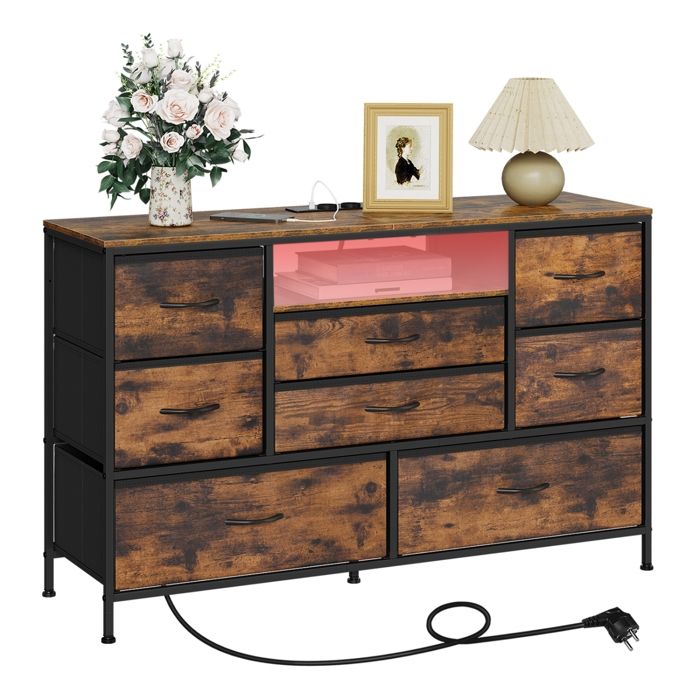 Commode WOLTU à 8 Tiroirs en Tissu - avec Lumière LED et Station de Recharge - Brun Rustique et Noir W0ITT5040