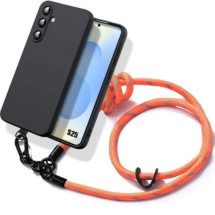 Coque pour Samsung Galaxy S25 - Protection Silicone Noir avec Cordon Robuste Orange