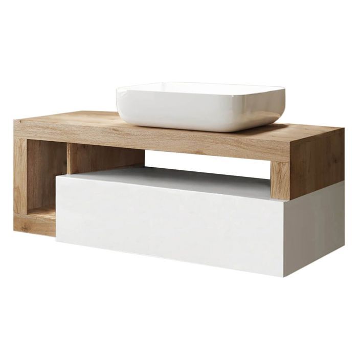 ARTURO - Meuble Vasque 110cm suspendu 1 tiroirs blanc laqué et aspect bois finition Cadiz ARTURO - Meuble Vasque 110cm suspendu 1 tiroirs blanc laqué et aspect bois finition Cadiz