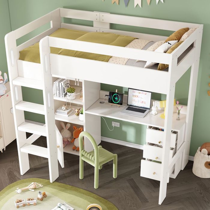 Lit mezzanine enfant 90x200 avec bureau USB-C armoire classeur escalier et sommier à lattes - Rangement intégré- Sans matelas Lit mezzanine enfant 90x200 avec bureau USB-C armoire classeur escalier et sommier à lattes - Rangement intégré- Sans matelas