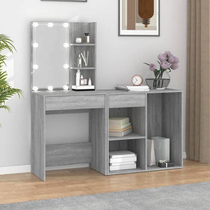 (Gris)Coiffeuse Maquillage à LED avec armoire Sonoma gris bois ingénierie 253270