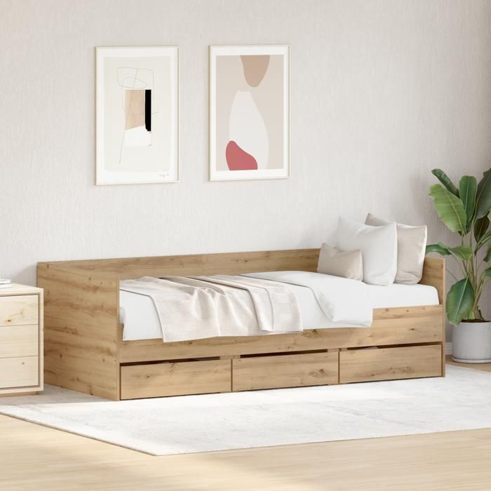 （Beige）Structure de lit en bois - Lit single Lit banquette Chêne artisanal Bois dingénierie 90 x 200 cm 28535