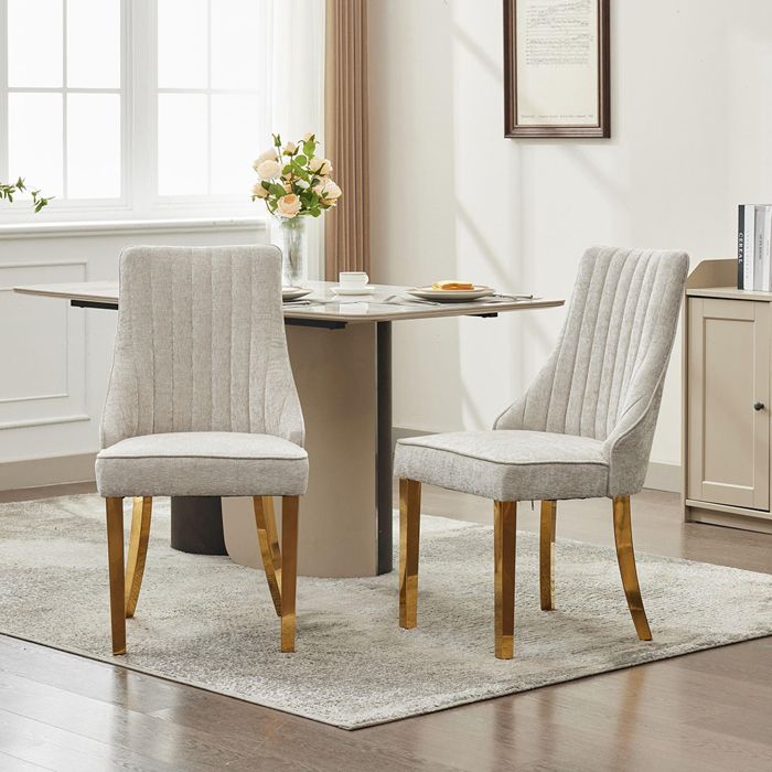 Chaise Lot de 2 tissu chenille pieds acier doré beige Chaise Lot de 2 tissu chenille pieds acier doré beige