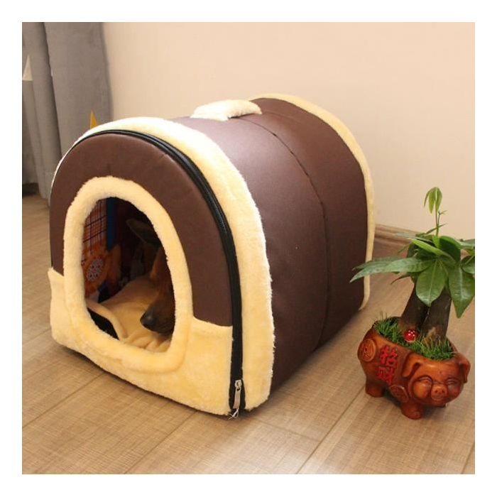Niche pour chien chat, grotte pour chat douce, sac de couchage chaud avec coussin amovible pour chiens, chats, lapins - Marron