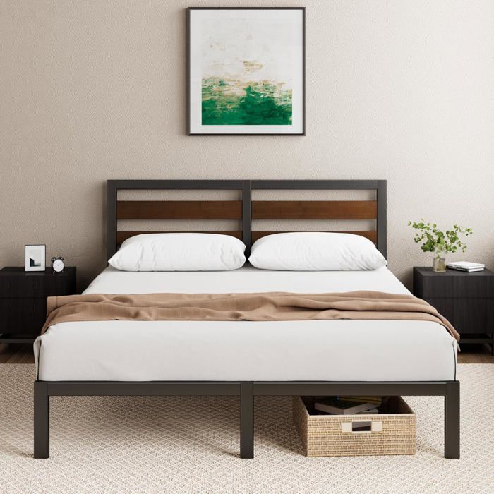 Sommier - ZINUS - Kai 140x190 cm - Lattes métal - Cadre et tête en bambou - Noir/Marron