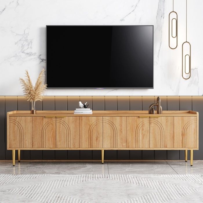 Meuble TV - 170cm - Design Sculpté 3D avec 4 Portes & Pieds Dorés - Style Art Déco - Bois Naturel