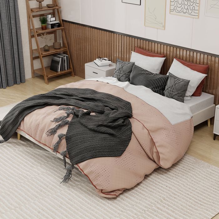 Cadre de lit minimaliste moderne 160x200 cm Beige Tissu de velours néerlandais Base à bas profil Meubles de chambre de style
