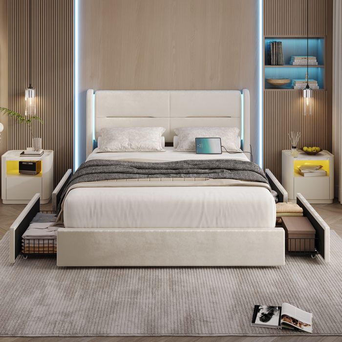 Cadre de lit moderne 160x200 cm - Éclairage LED, 4 tiroirs de rangement, tête de lit rembourrée, ports USB - Beige | Leroy Merlin Cadre de lit moderne 160x200 cm - Éclairage LED, 4 tiroirs de rangement, tête de lit rembourrée, ports USB - Beige | Leroy Merlin