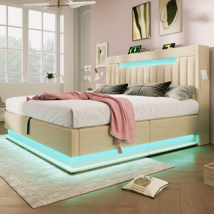 MODENUIT Lit coffre 180x200 cm lit double adulte avec ports USB et LED rangements et sommier à lattes lin beige sans matelas