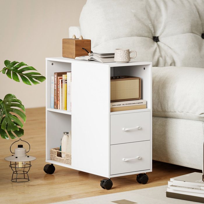 Table dappoint avec roulettes bout de canapé tiroirs étagère réglable et compartiment ouvert 60x30x65cm blanc
