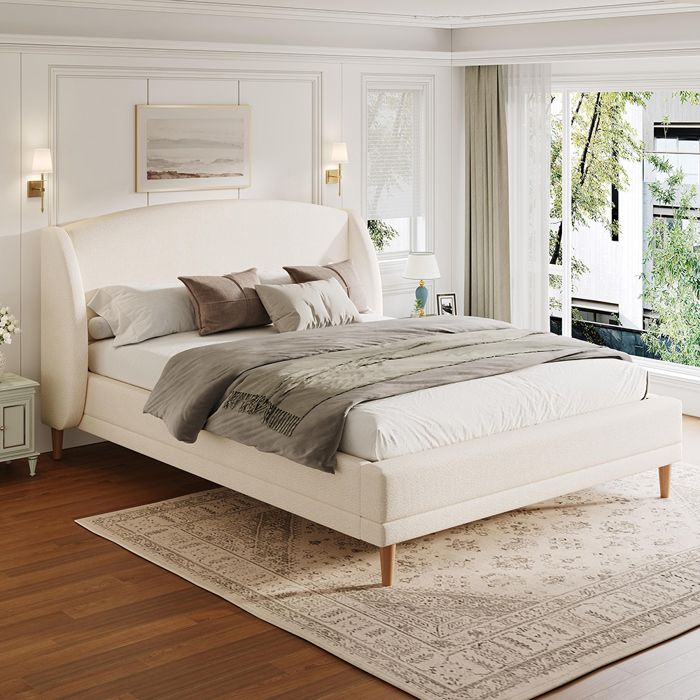 Lit capitonné 140x190 cm tissu bouclé tête oreilles design incurvé pieds hévéa blanc ivoire
