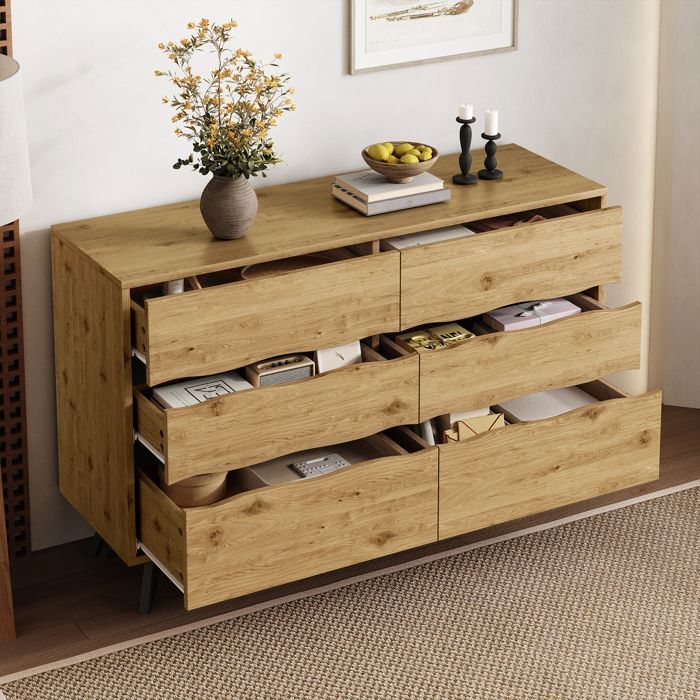 Merax Commode à 6 Tiroirs Chambre - Bois Naturel - Meuble de Rangement Salon Salle à Manger – 120x40x75 5 cm
