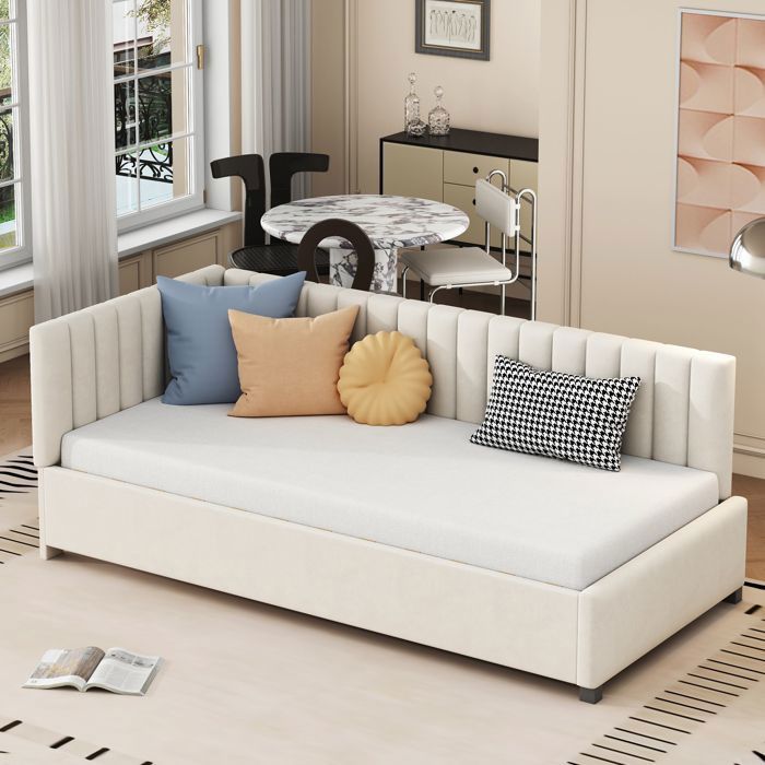 Lit rembourré multifonction - Canapé-lit 90x200 cm - Tissu velours doux - Beige - 197x97x65 cm - Capacité 120 kg
