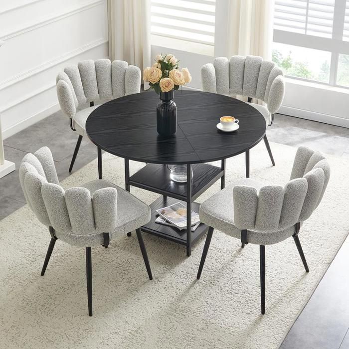 Table à manger avec 4 chaises gris clair Ensemble table et chaises ronde de 107 cm de diamètre avec double niveau de rangement