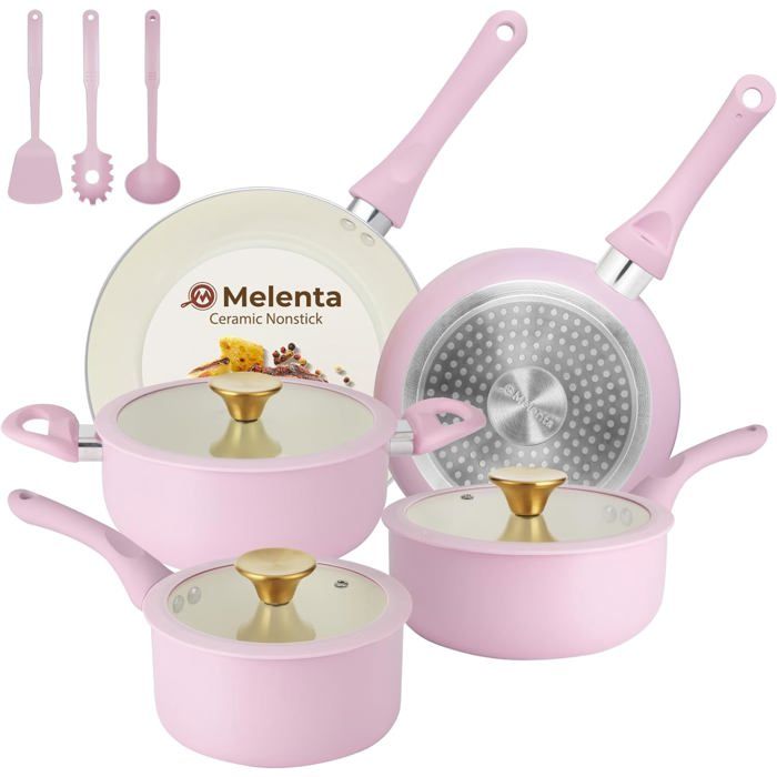 Batterie de cuisine céramique antiadhésive - LEVYS - 11 pièces - Céramique antiadhésive - Rose - Compatible induction