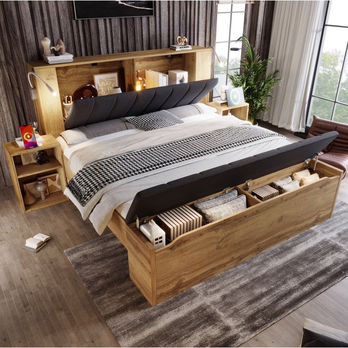 Lit double 160 x 200 cm aspect chêne avec chevets banc coffre et lampes USB
