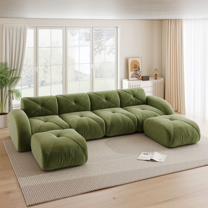 Canapé dangle modulable en U 4 places Canapé panoramique effet nuage avec 2 poufs assise profonde pour salon - chenille - vert