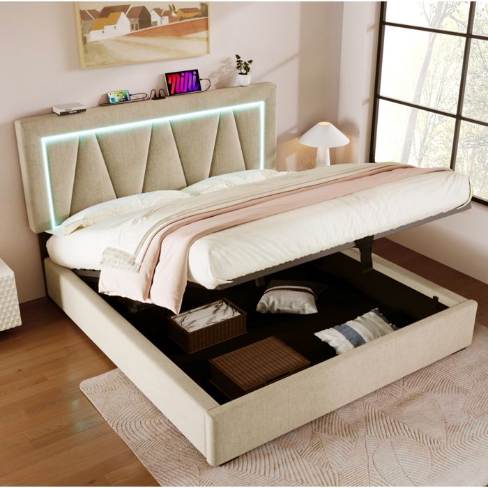 ULEVR lit coffre double 160 x 200 cm beige avec LED USB et Type-C sommier a lattes et tete reglable