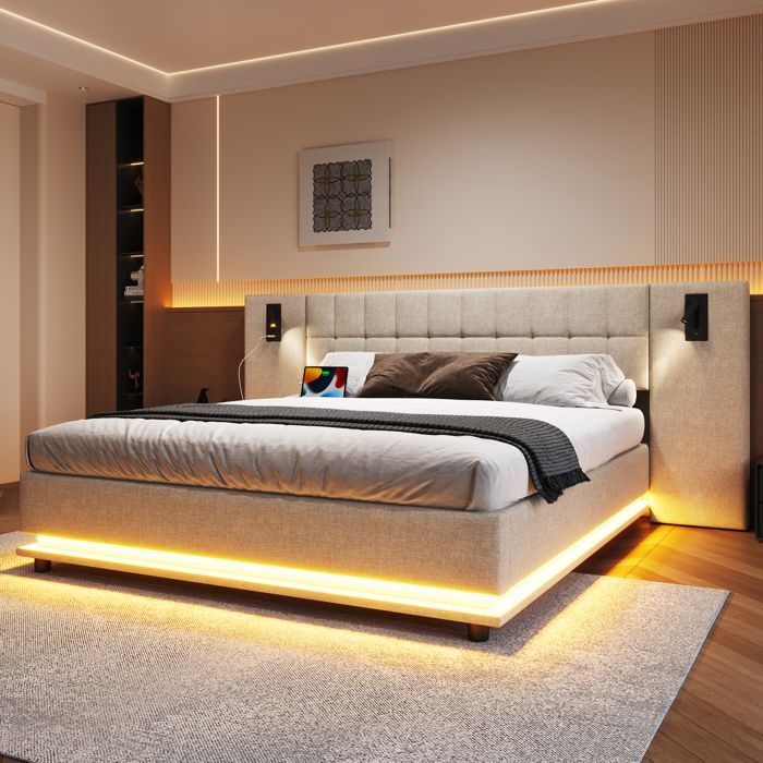 Lit rembourré moderne et épuré avec éclairage LED et lampe de lecture lit double 180 × 200 cm équipé dun port USB couleur beige