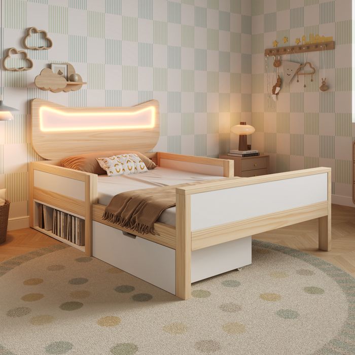Lit Enfant 90x190 cm – Blanc/Chêne – Tête Chat – LED RGB – Rangement Flexible – Barrières