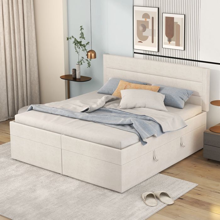 Polsterbett 200x140cm avec Lattenrost en Métal Grand Rangement Double Lit Beige Ouverture des Deux Côtés
