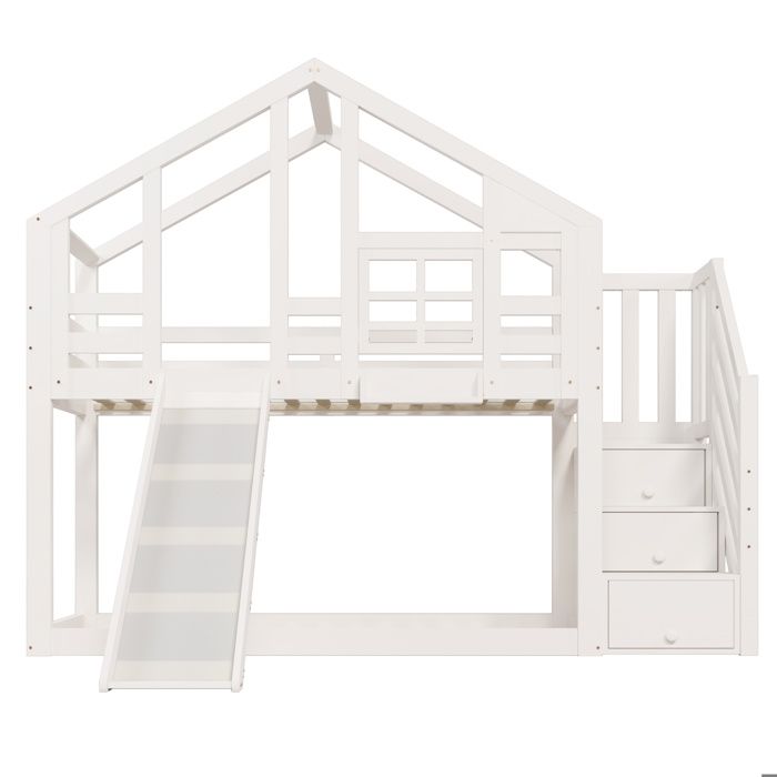 Lit enfant 90 x 200 cm style maison arbre superposé avec toboggan et protection anti-chute blanc 2 sommiers